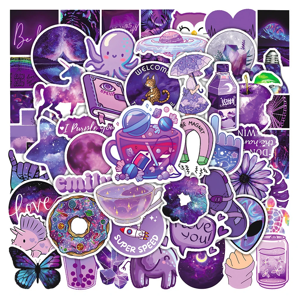 

10/30/50 PCS Kawaii Purple Cartoon Stickers Decals for Skateboard Notebook Luggage Phone Fridge Bike PVC Car Sticker Kid DIY Toy