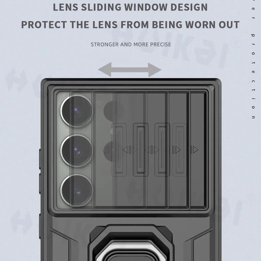 Case For Samsung S23 Ultra Plus A54 A34 A14 A24 4G 5G Slide Camera Ring Stand Armor Anti-fall Protection Kickstand_voghion.com
