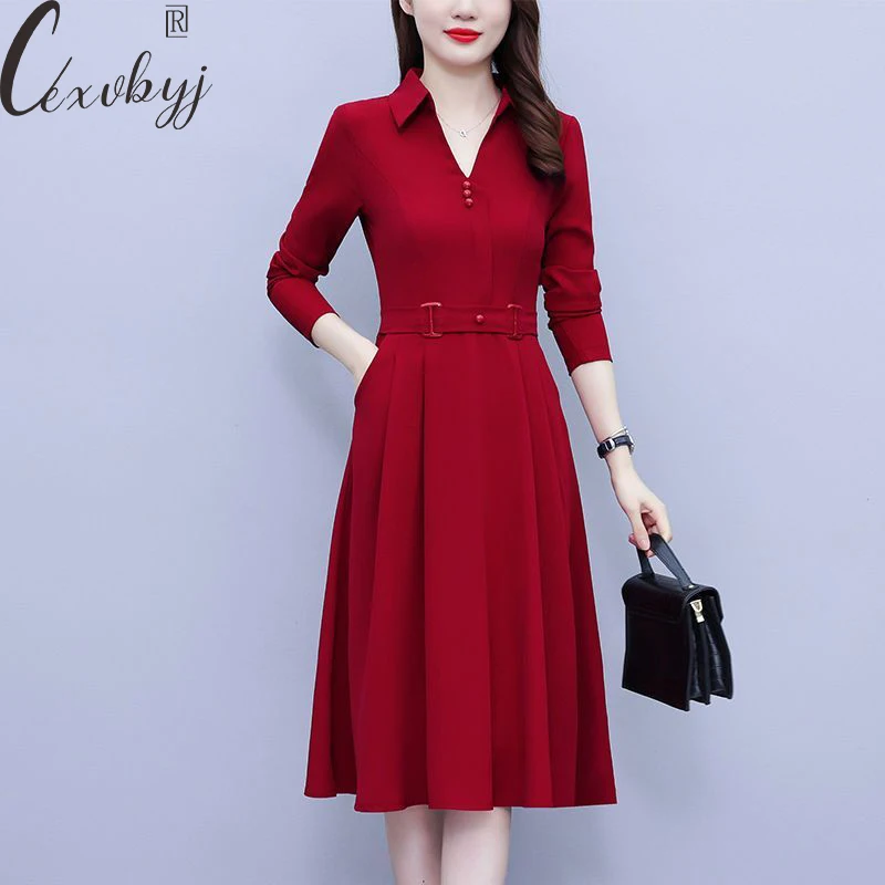 

Plus Size Midi Dress Women Korean Style V-Neck Elegant A-Line Dress With Belt Office Lady Spring Autumn Bodycon Casual Vestidos