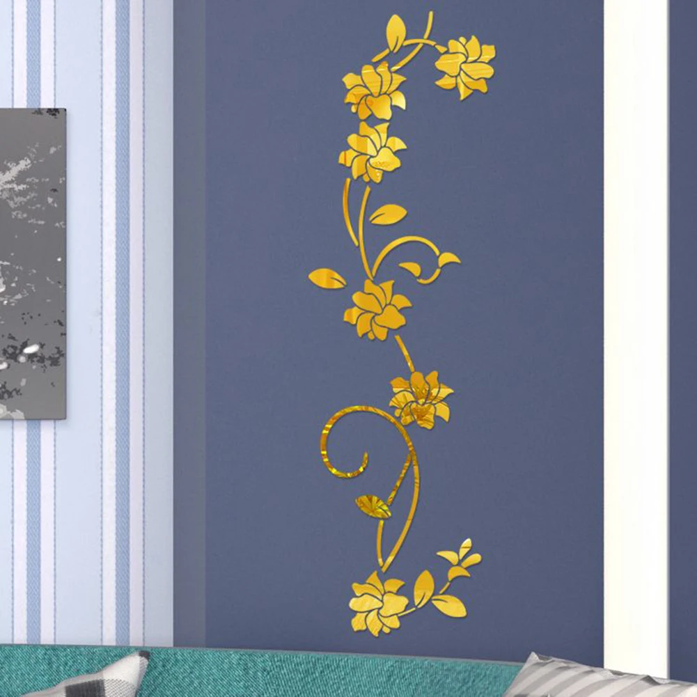 Description Picture 5 of item3D Mirror Wall Sticker Flower Art Removable Acrylic Mural Decal Home Room Decor Gold Silver Black Bedroom Bathroom Decoration