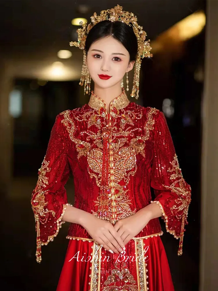 

Bride Costume Toast Clothing Elegant Tassel Cheongsam Chinese Style Sparkly Sequins Beading Wedding Dress Marriage Set