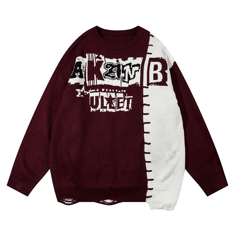 

Color Match Letter Print Patchwork Knitted Sweaters for Men and Women Y2k Pullover Ropa Hombre Woolen Clohtes Oversized Sueter
