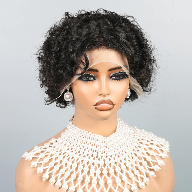 Perruque bouclée perruques de cheveux humains 8 pouces court Bob coupe lutin perruque de cheveux humains brésiliens noir Afro crépus 13 × 4 perruques avant de dentelle pour les femmes 1