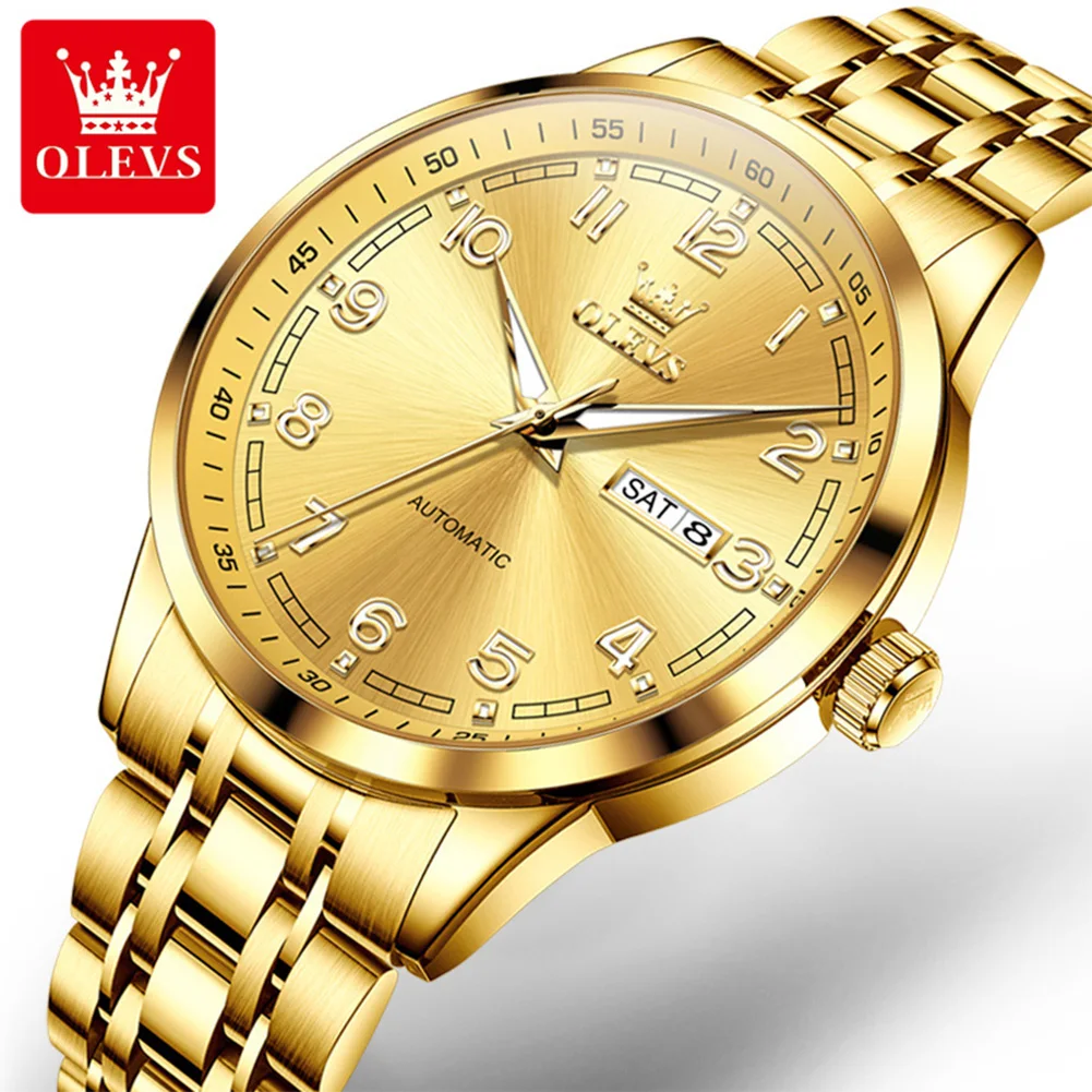 OLEVS 7077 Automatic Watch Man Original Mechanical Watch For Men Fashion Luxury Steel Strap Waterproof Dual Calendar Wristwatch