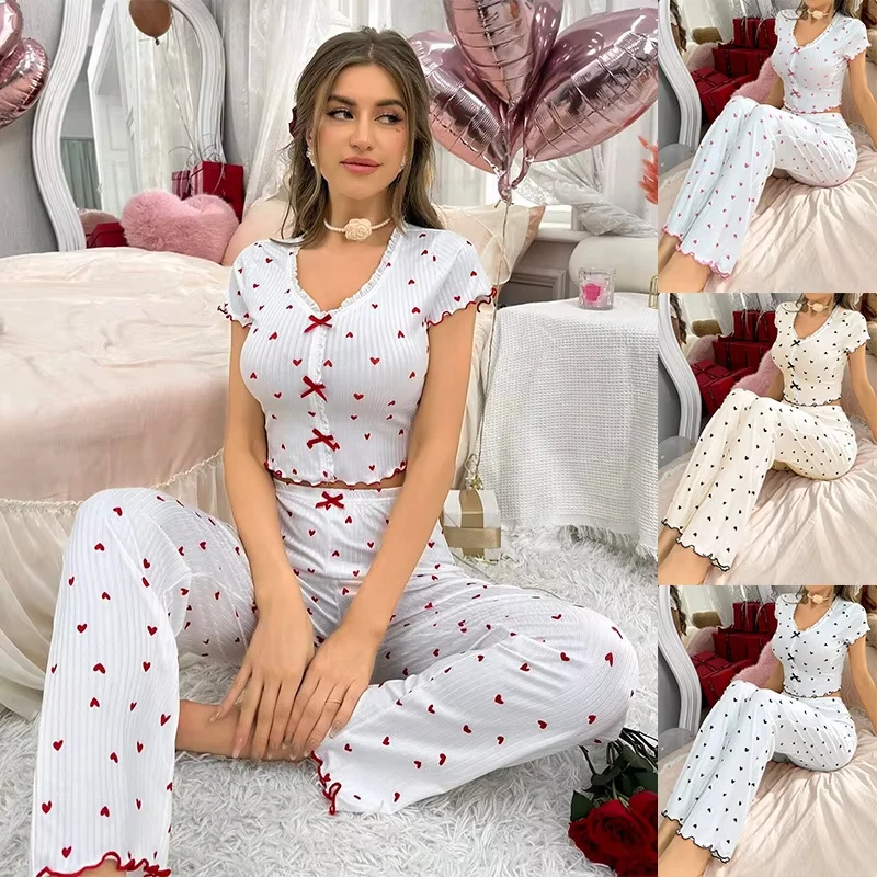 Spring Autumn Coquette Pajama Set Womens Y2K Cute Heart Print Ribbed V Neck Crop Top Pants Two Piece Loungewear Sleepwear New