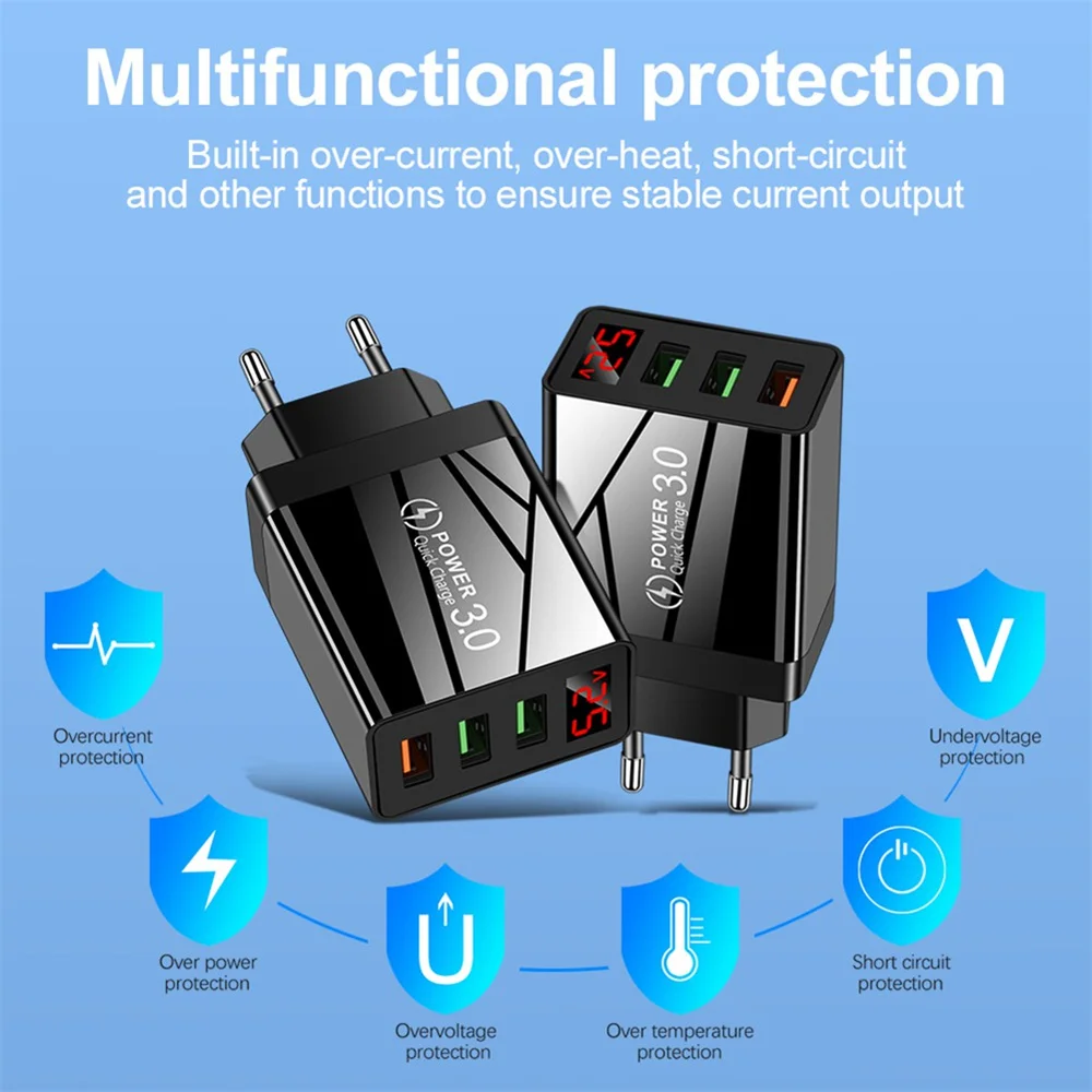 USB Quick Charger For Mobile Phone 5V 3.1A QC 3.0 LED Display 3 Ports For iPhone Samsung Galaxy Huawei Xiaomi Tablet Fast Charge