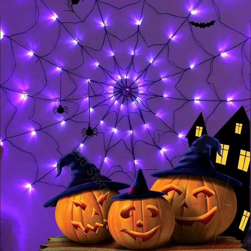 Halloween Spider Web Lights Spider Net LED String Lights with 8 Lamp Mode for Haunted House Halloween Home Window Wall Decor