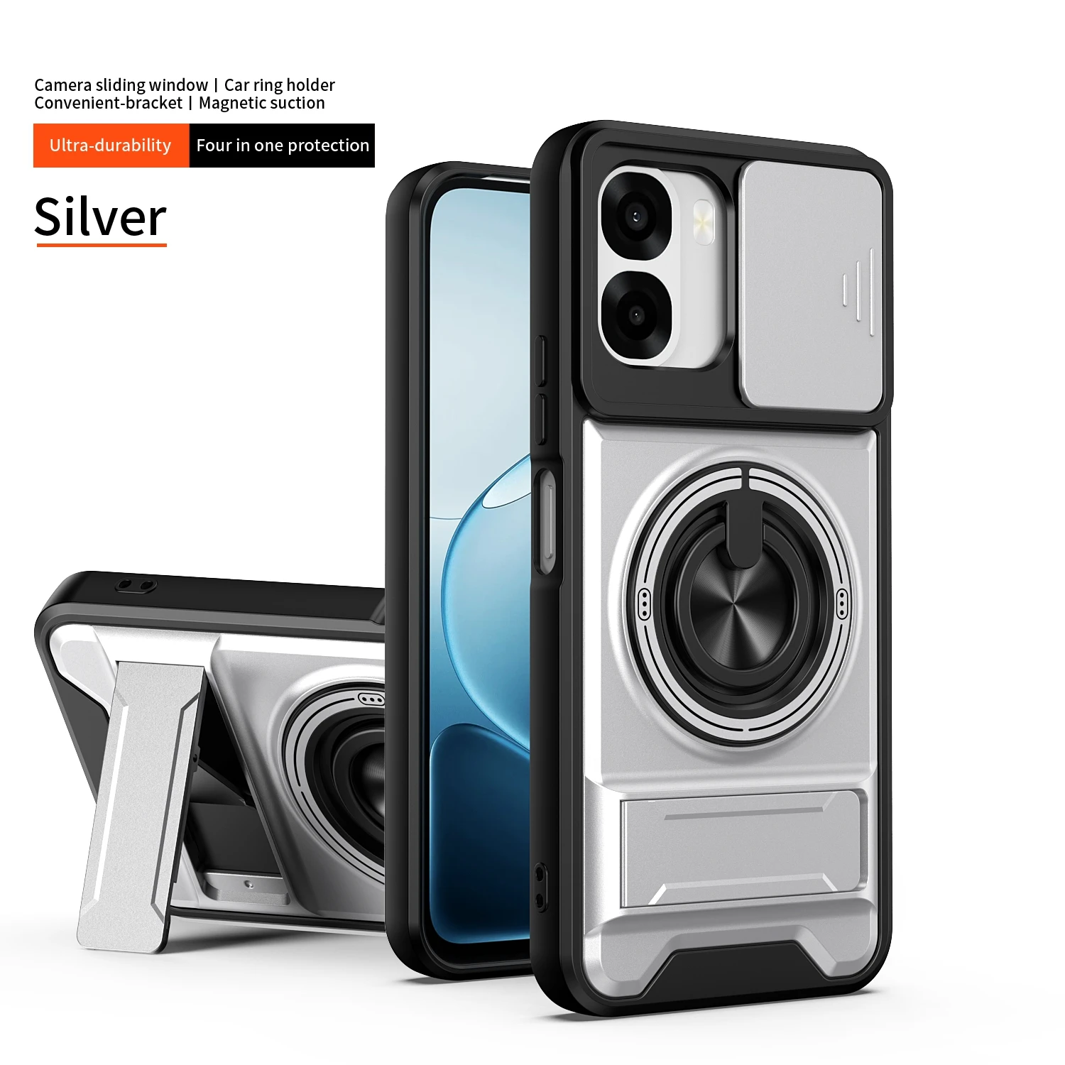 Enhanced Armor Phone Case with Lens Protection and Magnetic Ring Stand Holder
