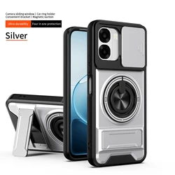 Enhanced Armor Phone Case with Lens Protection and Magnetic Ring Stand Holder for OPPO A6k 5G (Silver)
