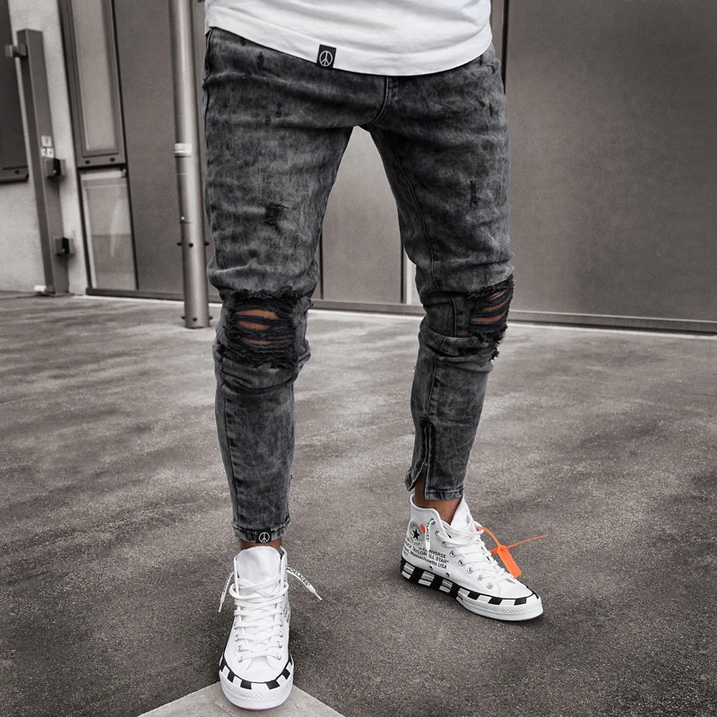 New Men's Jeans Men's Retro Stretch Skinny Jeans Black Denim Casual Party Pencil Pants Four Seasons Slim Cut Zipper Ripped Pants