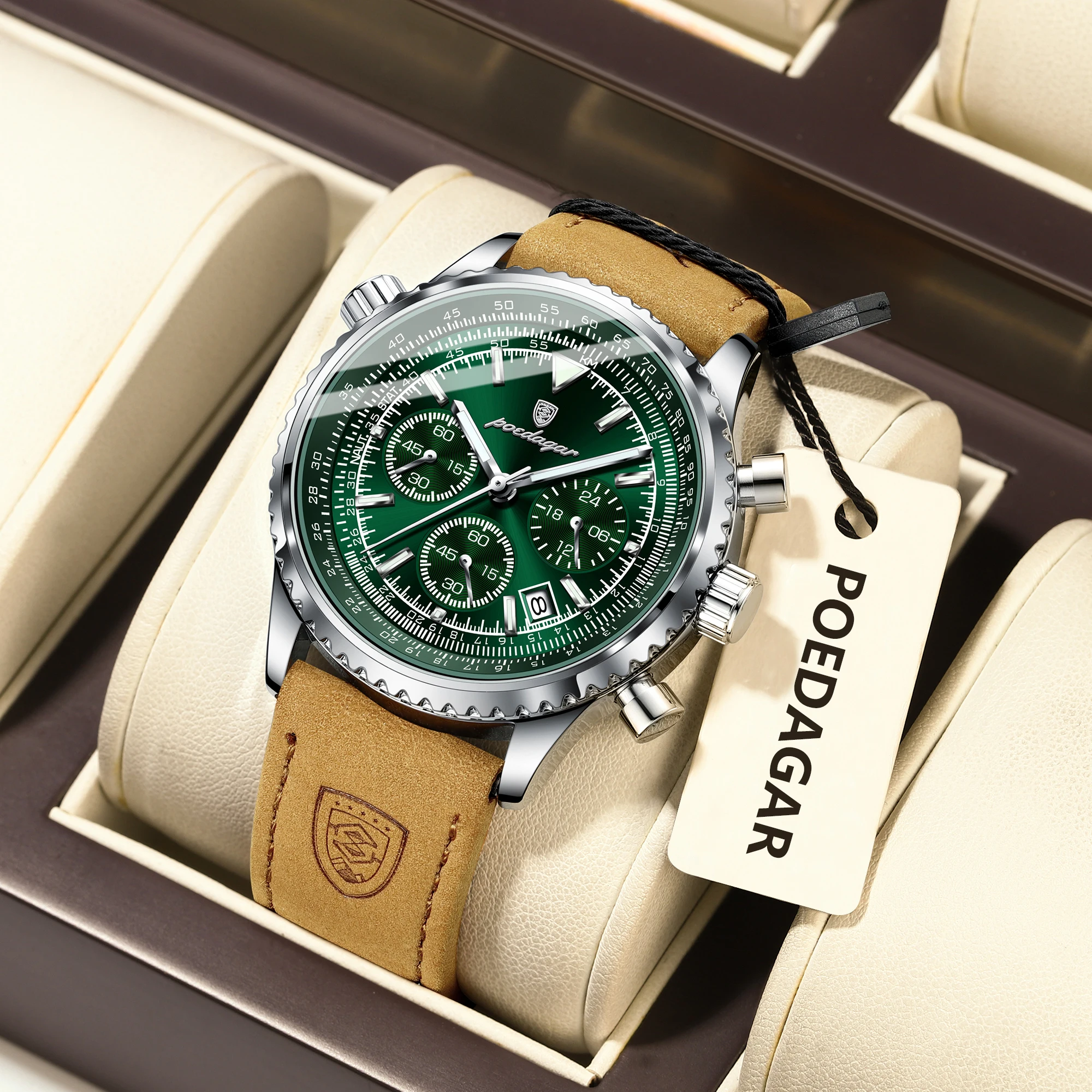 Montre homme luxe POEDAGAR étanche chronographe date lumineuse cuir quartz affaires élégant