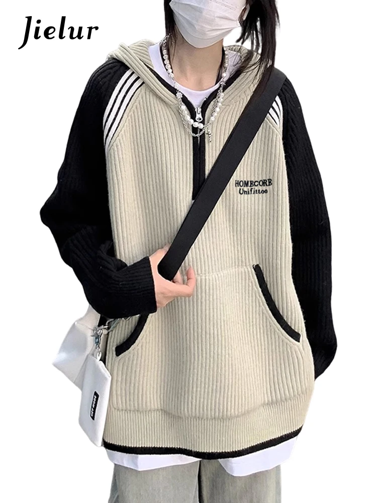 Jielur Autumn New American Contrast Color Women Hoodies Casual Loose Fashion Hoodies Woman Loose Slim Knitted Sweathirts Female