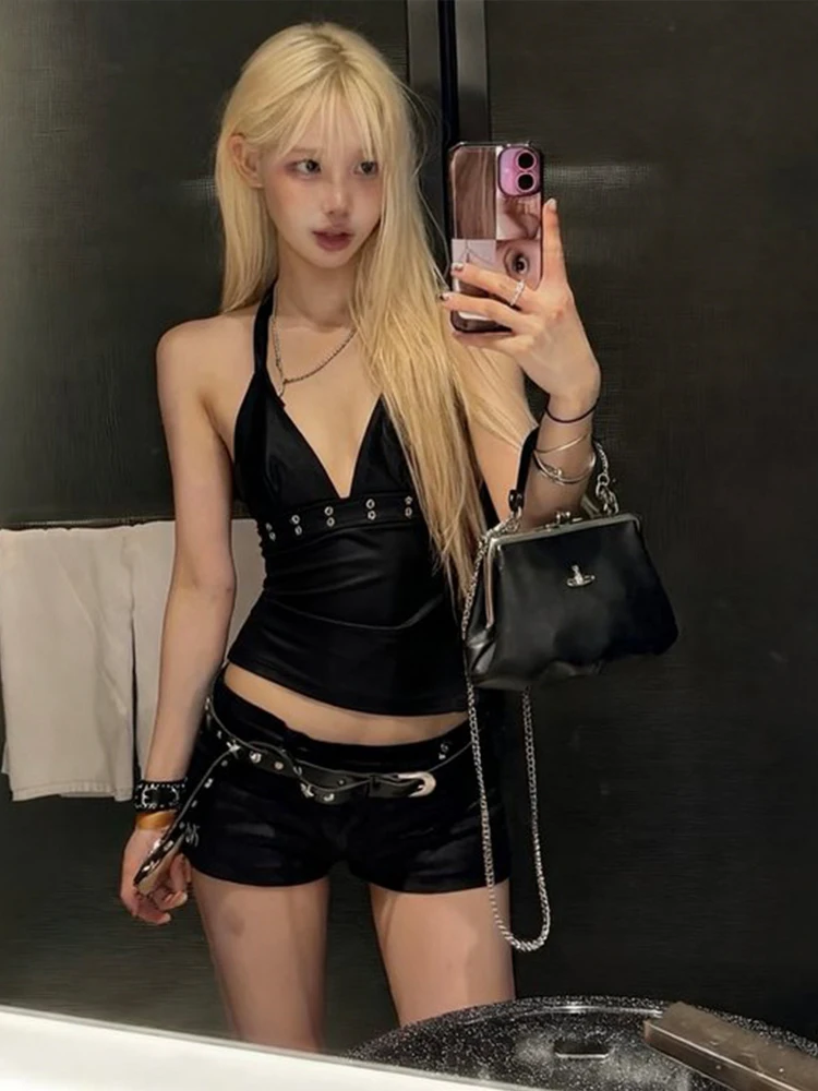 Nibber Sexy Metal Decoration Camisole Women v-Neck Faux Leather Midnight Hottie Music Festival Wild Fashion Classic Streetwear