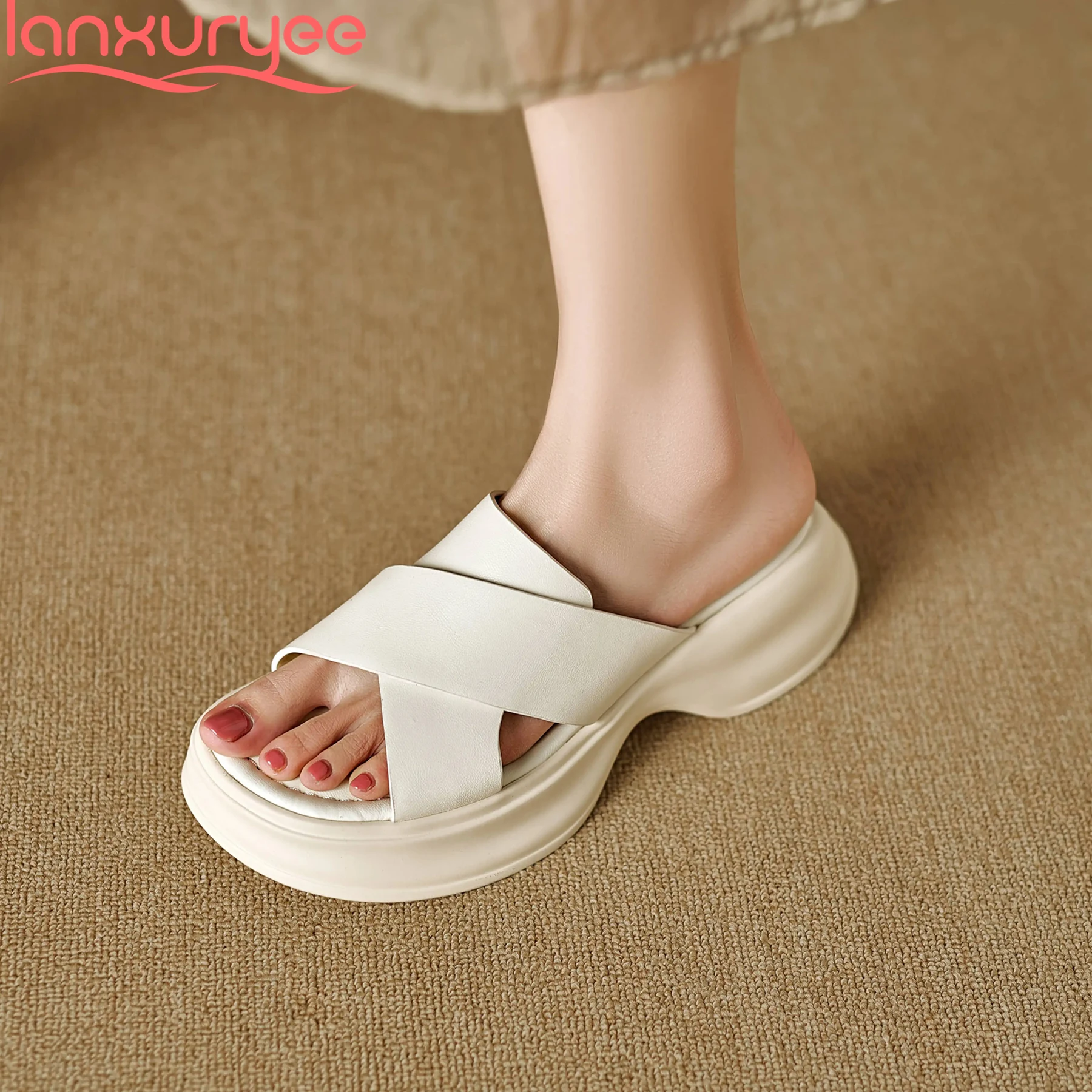 

Lanxuryee 2024 Genuine Leather Slingback Mules Slip On Peep Toe Leisure Summer Shoes Dating Comfort Platform Solid Women Sandals