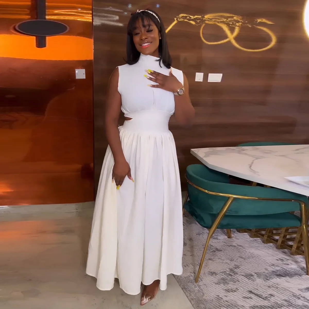 

Женское однотонное платье без рукавов, элегантное винтажное ажурное платье-трапеция с высоким воротом, длинное платье без рукавов в минималистичном стиле, лето 2023