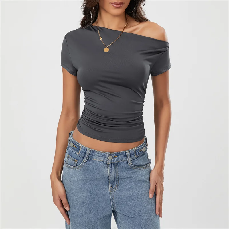 Top corto Y2K para mujer, ropa grunge de verano, camiseta fruncida sin mangas con hombros oblicuos, chaleco, ropa de calle de los años 2000