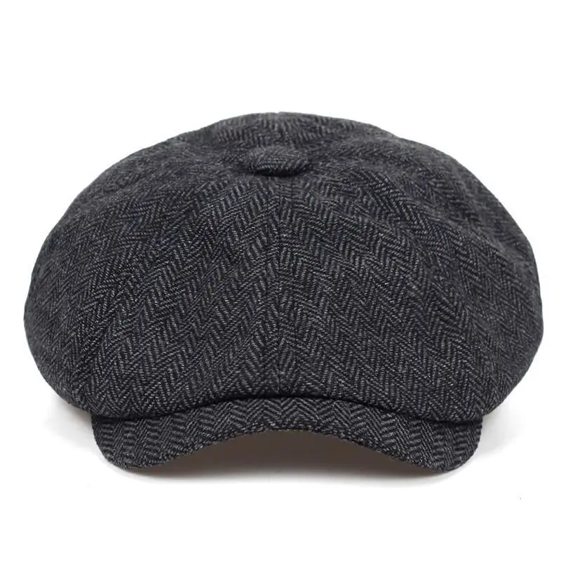 Newsboy Cap Flat Top Herringbone Tweed Wool Baker Boy Peaky Blinders Berets Flat Peaked Cap Adjustable Taxi Driver Hat – Detail 10