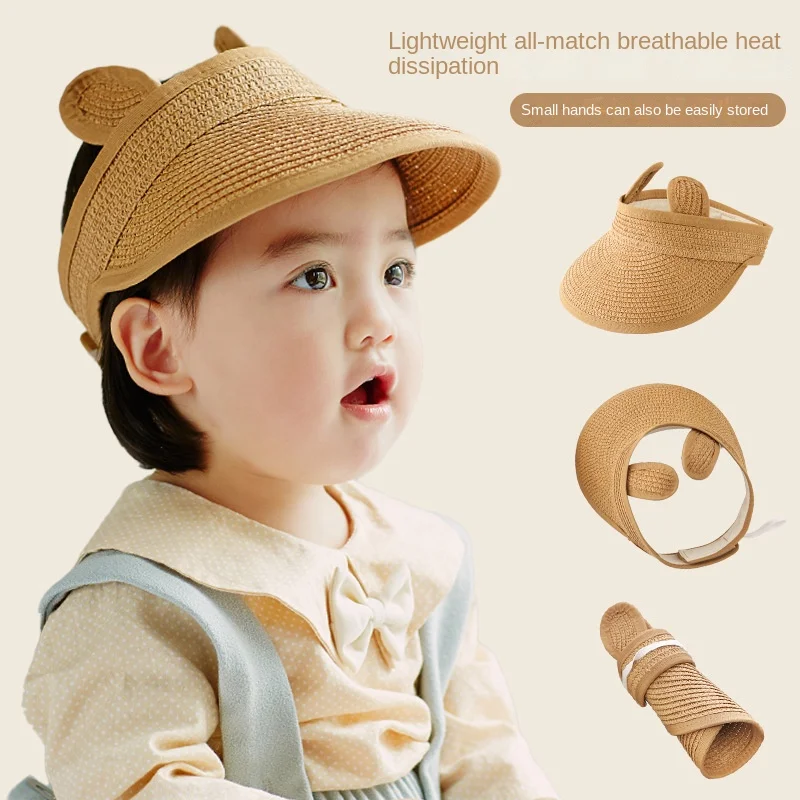

Summer Child Straw Hat Cute Rabbit Ears Foldable Caps Kids Adjustable Outdoor Protection Visor 1 2 3 4 Years Old Boys Girls