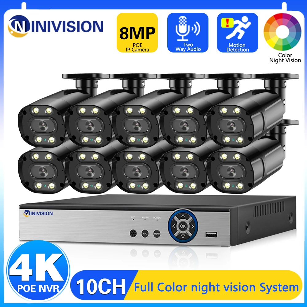 10CH NVR CCTV System 10PCS Cameras 8MP Video Surveillance Clear Two-way Audio camera security system night full-color kit