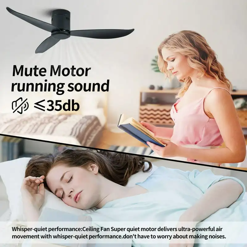 Low Profile Ceiling Fan Light, Black Flush Mount Remote Control Ceiling Fan  without Light for Bedroom - AliExpress