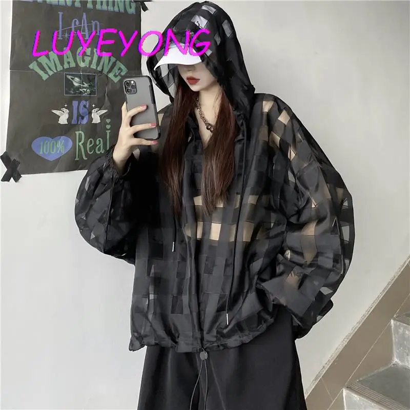 

Harajuku Sun Protect Lady Hoodies Plaid Transparent Lantern Sleeve Hooded Sweatshirts Women Black White Loose Top 2023 Spring