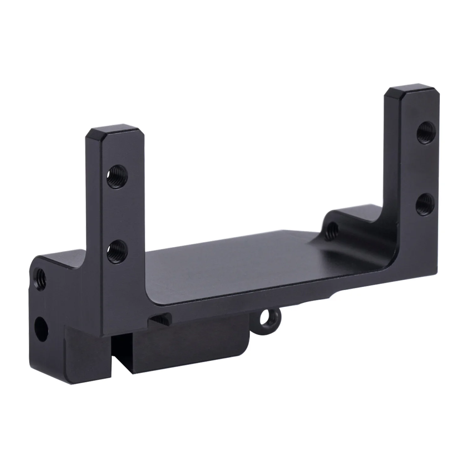Vue détaillée du support servo aluminium noir pour AR45P, optimisant la direction du RC 1/10