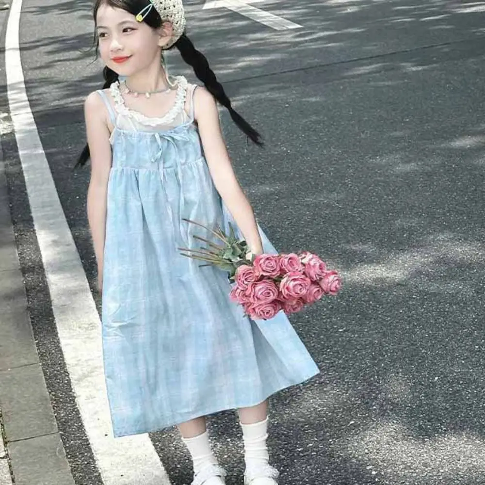 Fashion Loose Girls Princess Grid Dress Teenagers Beach Vacation Summer Kids Dresses Sweet Party Children Sling Dress Summer