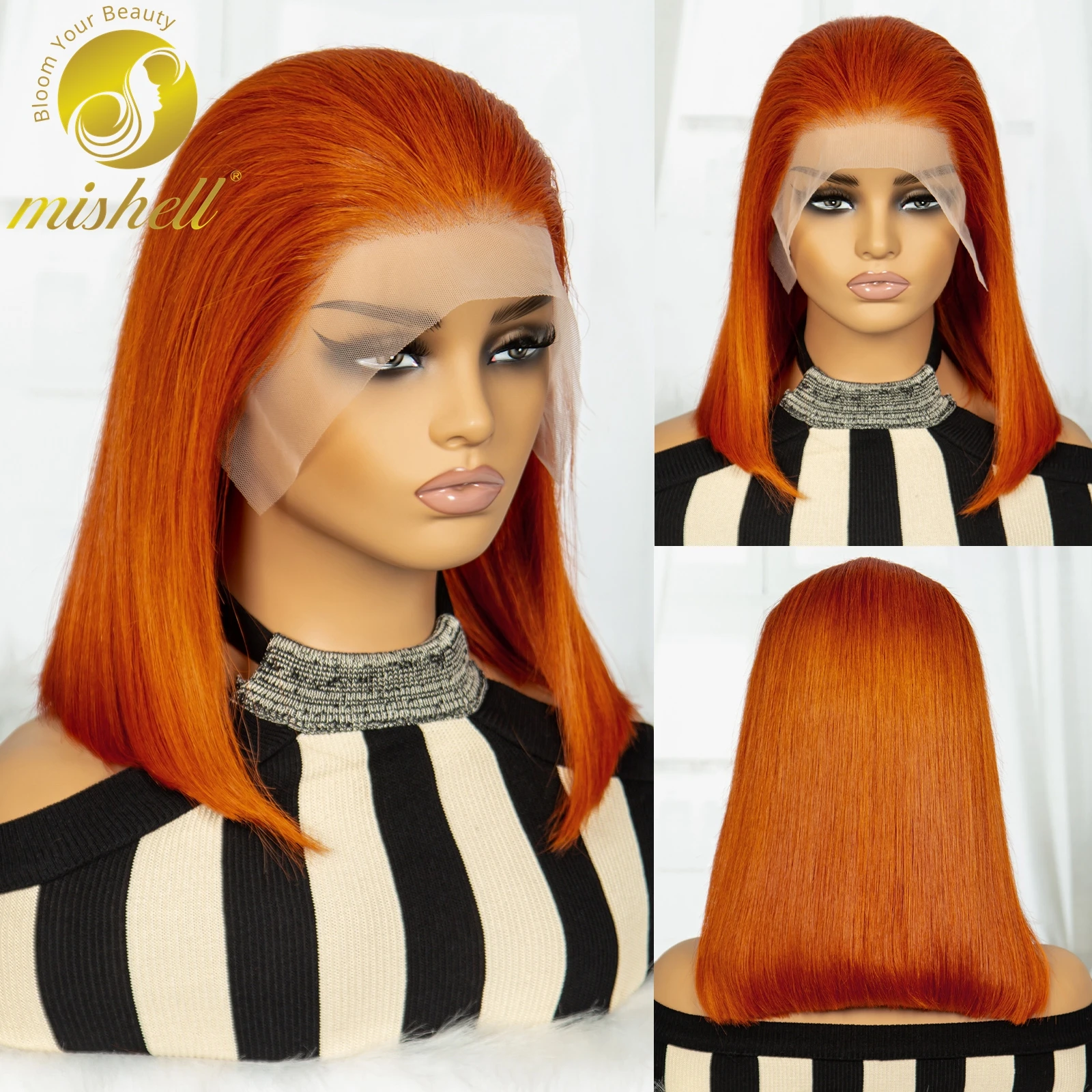 

350 Ginger Orange Short Straight Bob Wigs 13x4 Transparent Lace Frontal Wig Brazilian Remy Human Hair Colored Lace Front Bob Wig