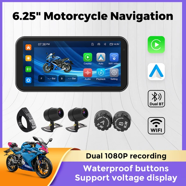 NaviFly 6.25inch Portable Motorcycle Carplay GPS Navigation Android Auto IP67 Waterproof LCD Display Front and Rear Dual Camera