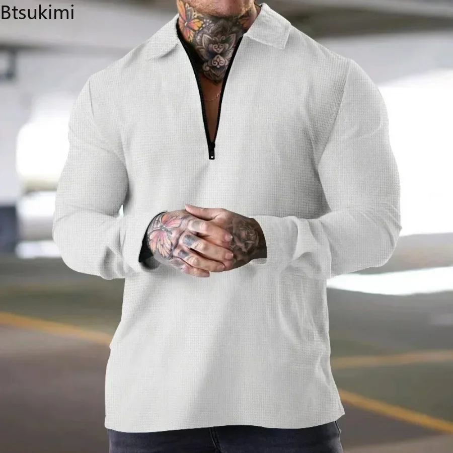 Nuove Polo a Maniche Lunghe da Uomo, Comode e Traspiranti, in Tessuto Waffle, T-shirt Tinta Unita, Moda con Mezza Zip e Colletto, Casual, per Golf e Sport - immagine 3