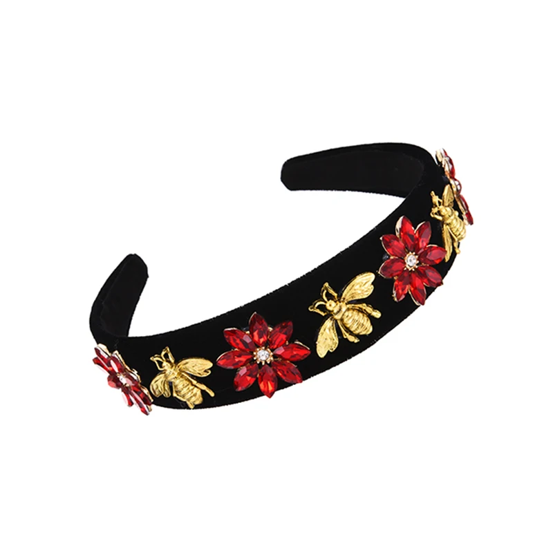 

Flower Bee Pattern Headband Fashion Red Fabric Alloy Diamond Elegant Hair accessories Adults Colorful Ethnic заколка для волос