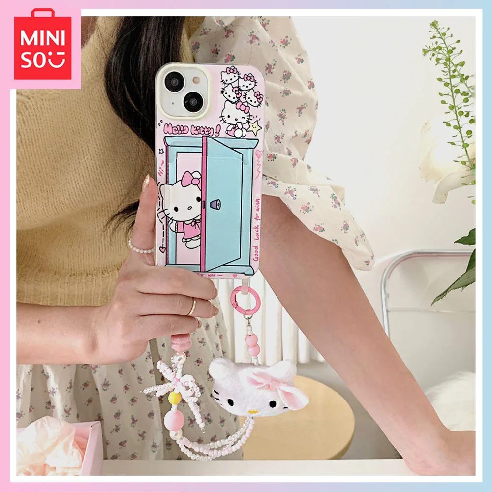 

Miniso Cartoon Open Door Hello Kitty Pendant Card Pack iPhone15Promax Phone Case 14/13 Cute 12 Girl Birthday Christmas Gift