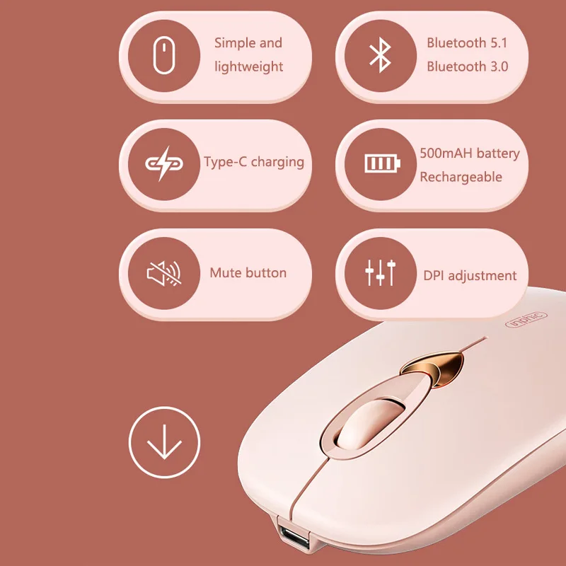 Bluetooth Mouse 1600DPI Rechargeable Silent Mouse Ultra Thin and Portable for Mac Ipad Tablet Computer Laptop