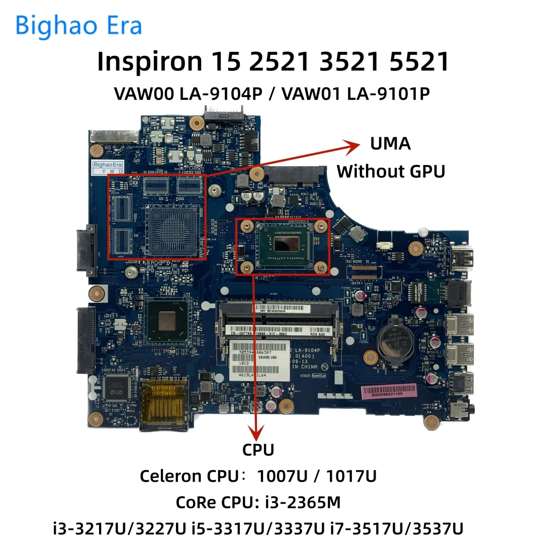 Placa-mãe Portátil para Dell Inspiron 15 3521 2521 5521 1007u I33217u i5 I7-3537u Cpu Uma Ddr3 Cn05yggx La-9104p