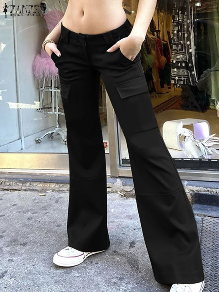 

ZANZEA 2023 Autumn Long Pant Women Cargo Pants Fashion Low-waisted Pockets Pantalon Vintage Casual Wide Leg Trousers Streetwear