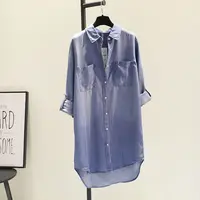 Fashion Women's Clothing Shirt Medium Long Containing Cotton Shirt Loose Fit Long Sleeve Double Pocket Rolled Sleeve Thin Blouse - Image 2