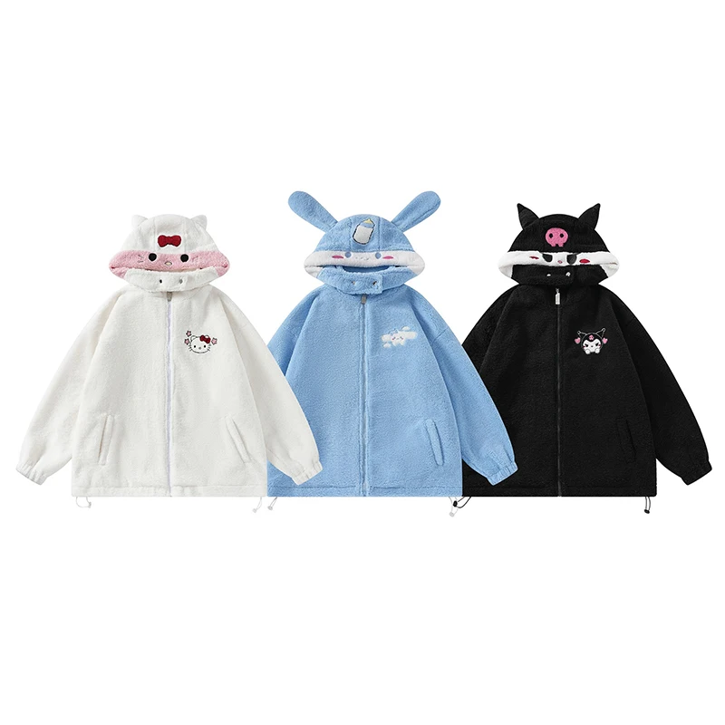 

Hello Kitty Kawaii Sanrio Kuromi Sweater Jacket Cute Cartoon Women Hat Detachable Anime Autumn Winter Loose Style Lovers Outfit