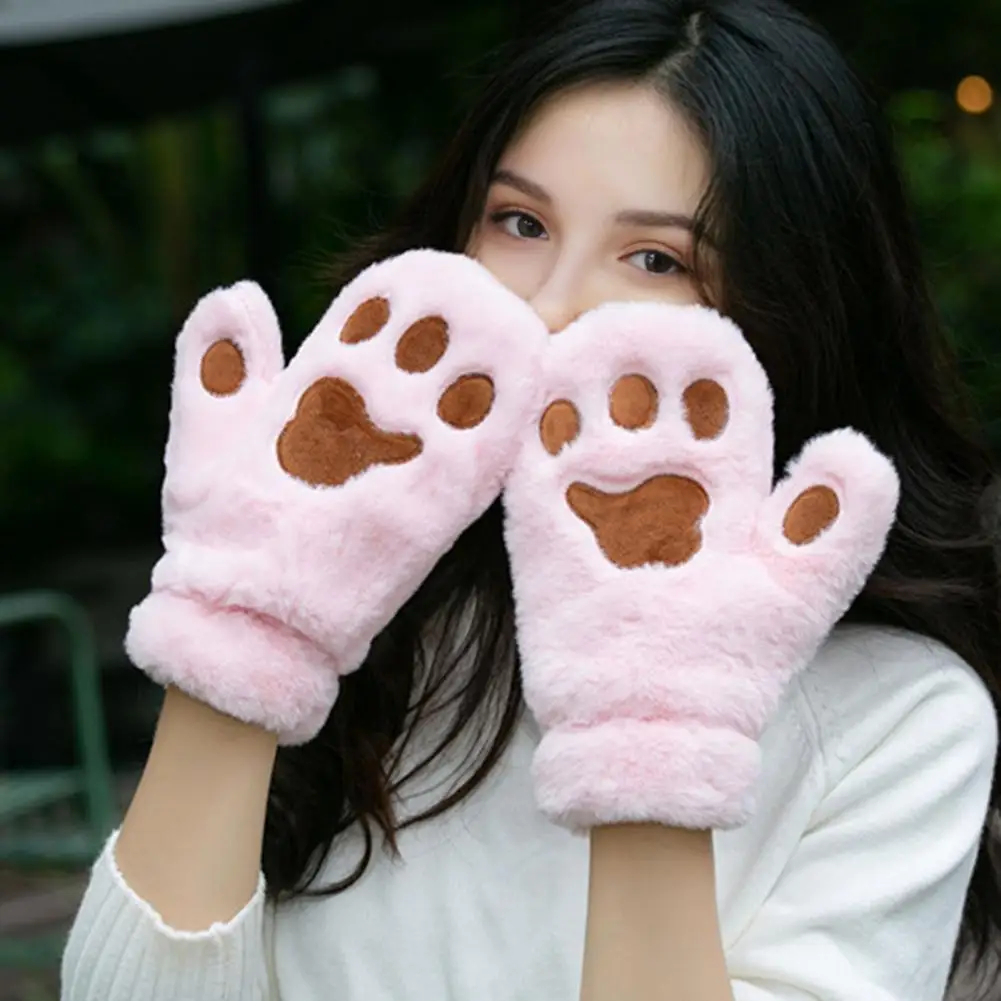 Warm Mittens Warm Cozy Cartoon Cat Paw Mittens for Women Thick Plush Winter Gloves with Anti-slip Grip for Skiing Cycling Hand