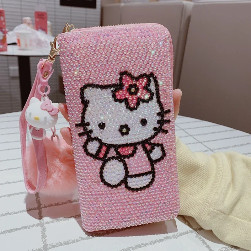 

Sanrio Kawaii Hello Kitty Full Diamond Wallet Cartoon Kt Cat Personality Money Folder Bag Bright Girl Pu Handbag Girlheart Gift