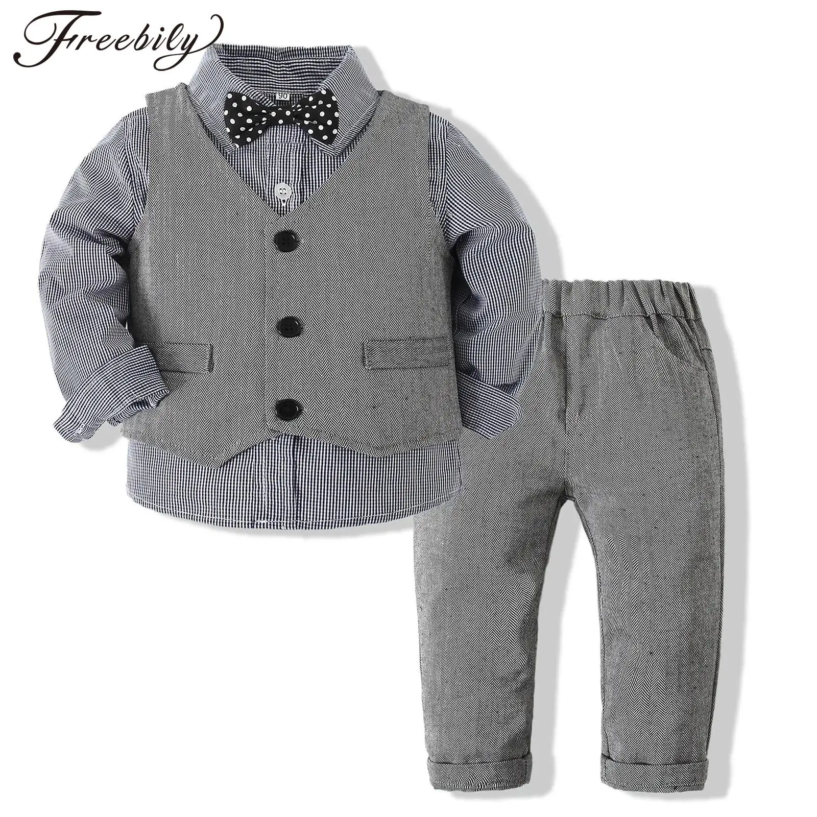 

Kids Baby Boys Long Sleeve Striped Shirt Bowtie Vest And Long Pants Suit for Christening Birthday Party School Gentleman Outfit