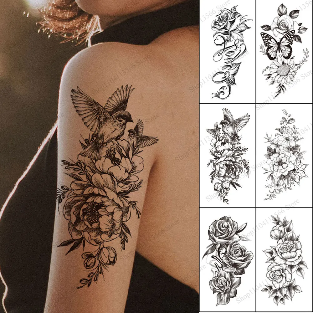 Black Flower Temporary Tattoos for Women Butterfly Bird Floral Fake Tattoo for Arm Body Sleeve Decor Waterproof Tattoo Stickers temporary tattoos