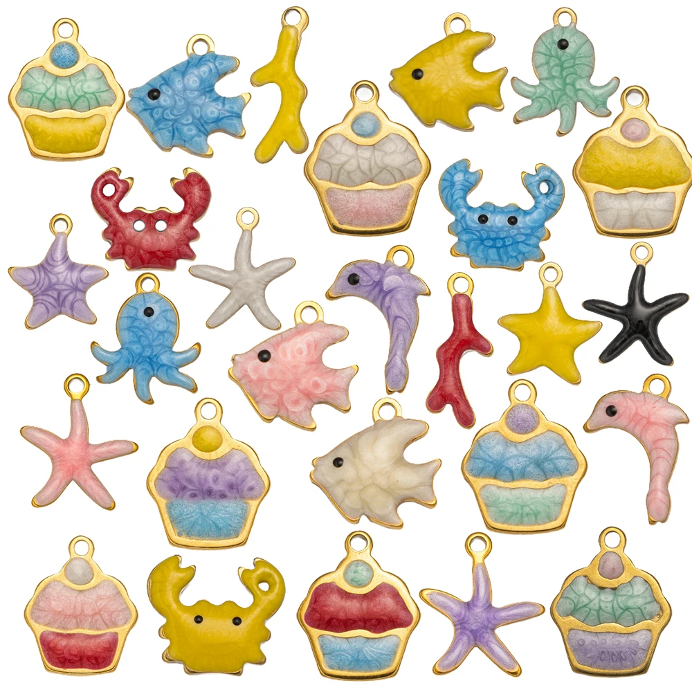 10 Stück neue Edelstahl bunte Marine Koralle Seestern Fisch Algen Charm Halskette Ohrring Anhänger Basis für DIY Schmuckherstellung
