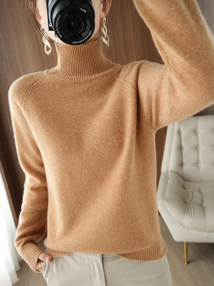 Fashion Basic Autumn Winter Merino Wool Sweater Mock Neck Cashmere Pullover Solid Color Soft Long Sleeve Basic Clothing Tops - Image 3