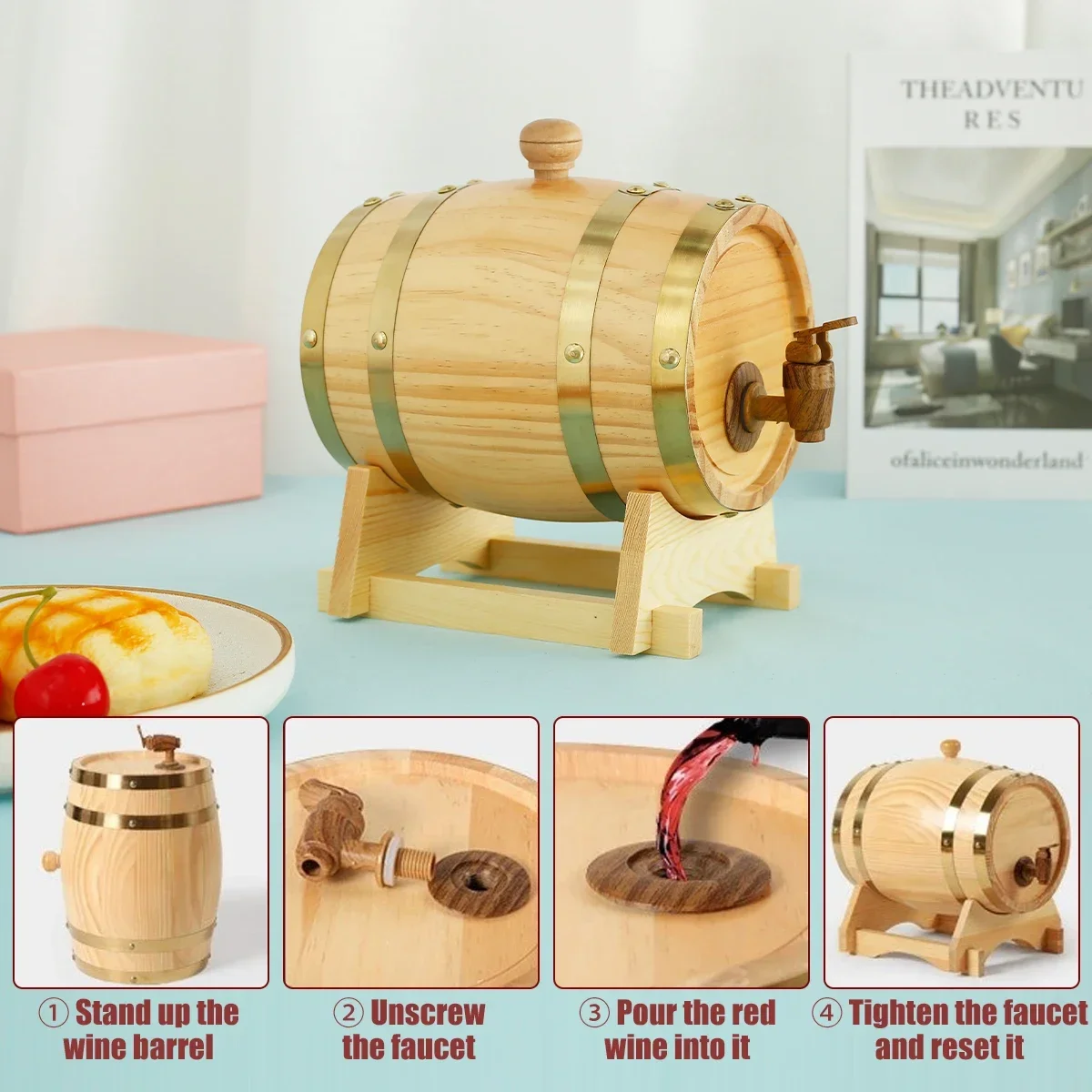 1.5L Wood Barrel Vintage Oak Beer Brewing Tools Tap Dispenser for Rum Pot Whisky Wine Bar Tools Home Decoration Wine Bar