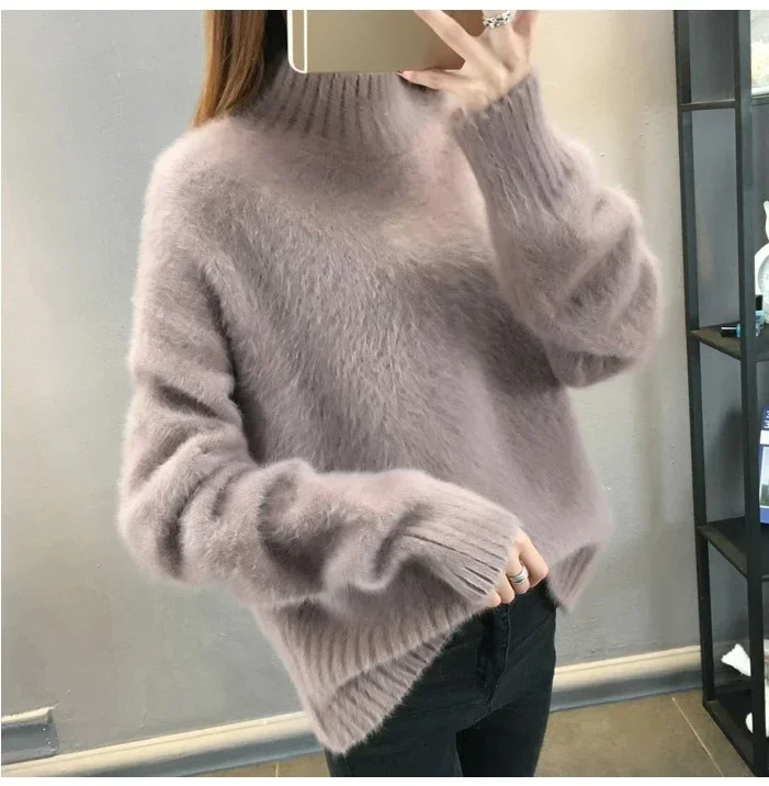 Winter Mink Faux Cashmere Thick Sweater Women Jumper White Pull Femme Loose Pullover Knitted Fluffy Sweaters For Women Winter