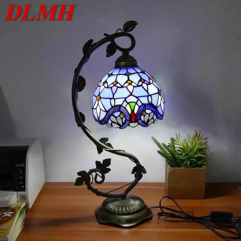 

DLMH Tiffany Table Lamp American Retro Living Room Bedroom Lamp Luxurious Villa Hotel Stained Glass Desk Lamp