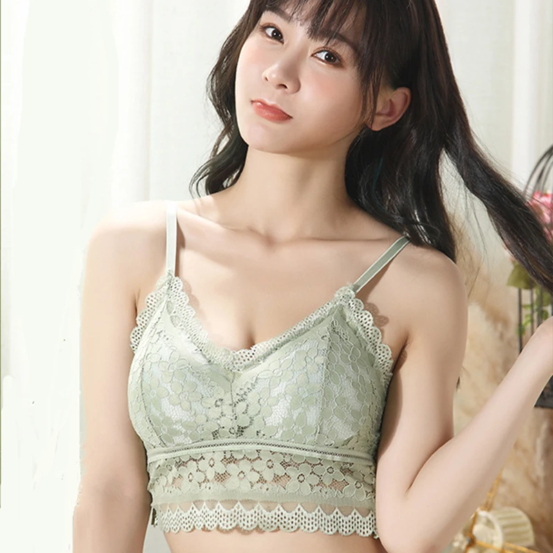 Wireless Embroidery Lace Bra Ice Silk Sling Women Underwear Sexy And Beautiful Back Tops Removable Chest Pad Brassiere 1