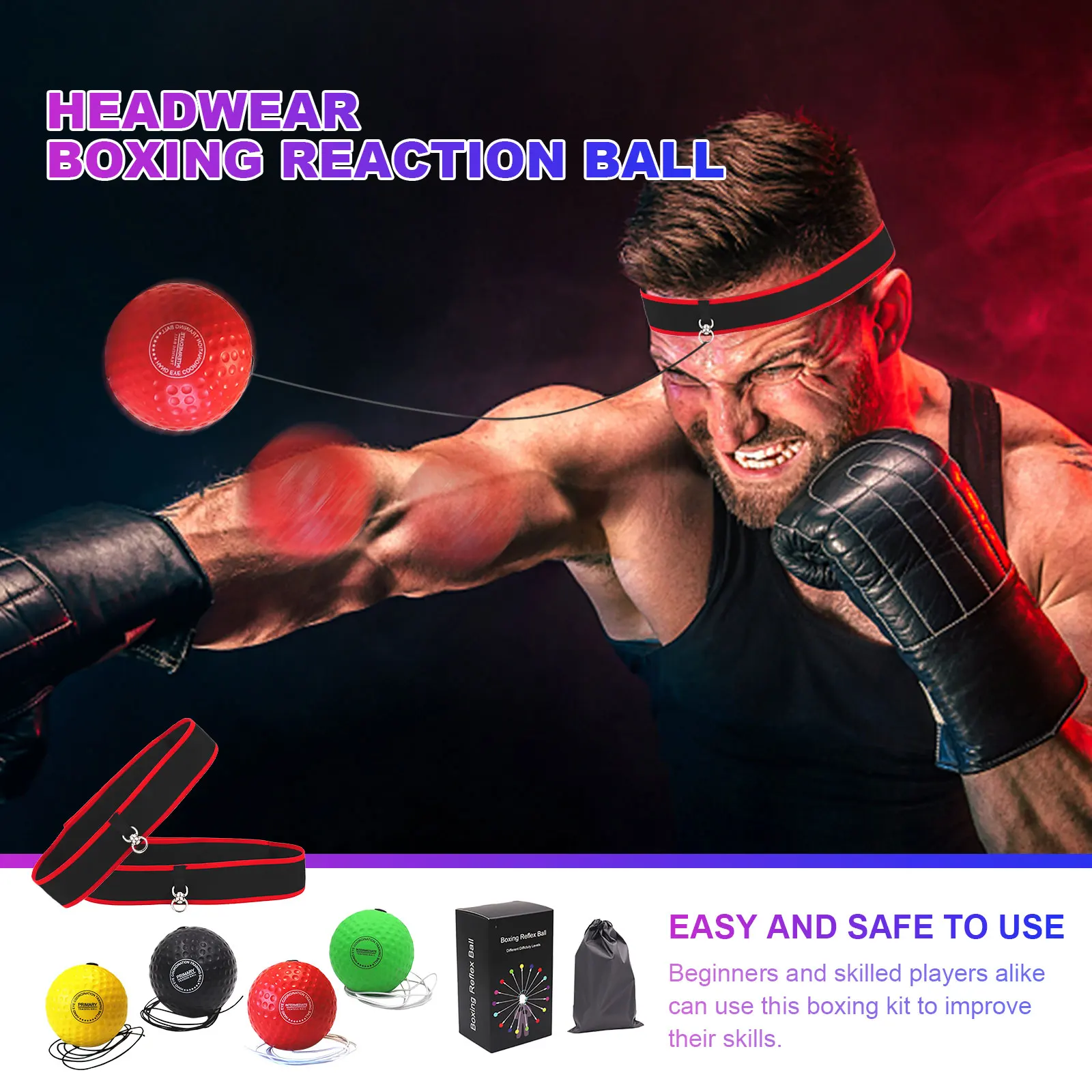 Boxing Reflex Ball Set with Headband Speed Training Boxing Ball Raising Reaction Adjustable for Hand-Eye Coordination Training