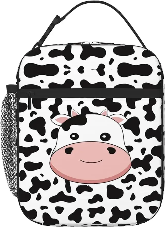 

Black Cow Print Lunch Box/Bag for Women Girls Boys Kids Large Capacity Insulated Lunch Bag For Office Work School Picnic Beach