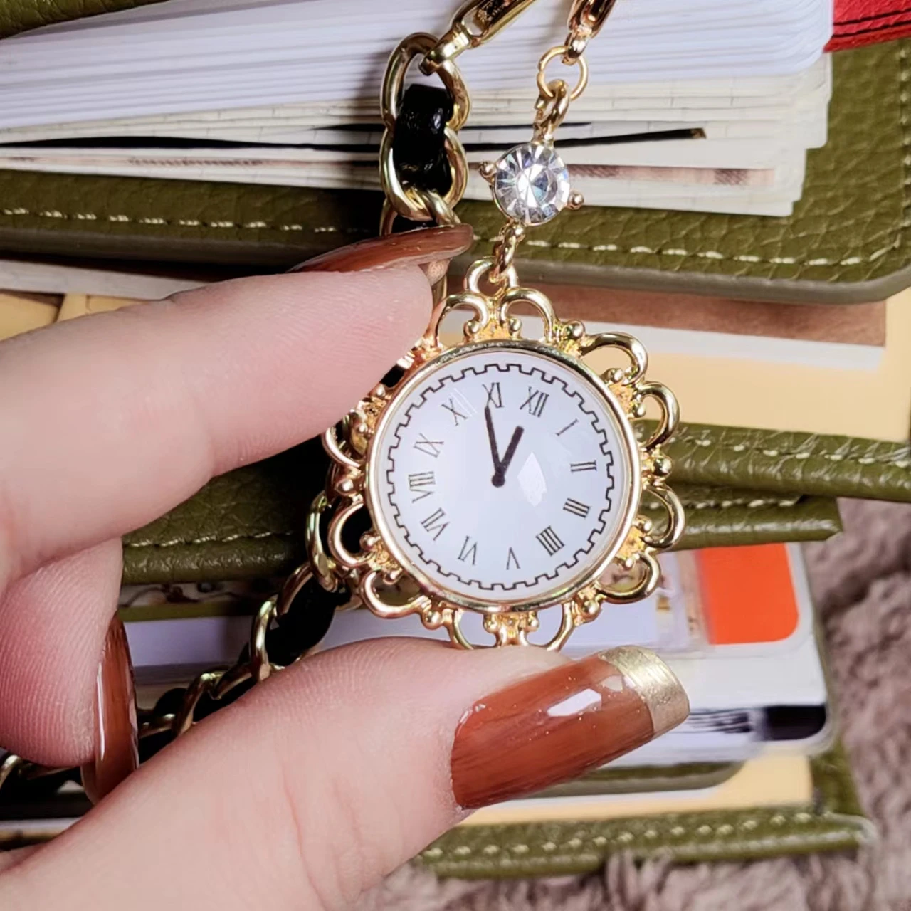 Clock Style Zipper Head Journal Notebook Pearl Pendant Organizer Decoration Cute Planner Accessories
